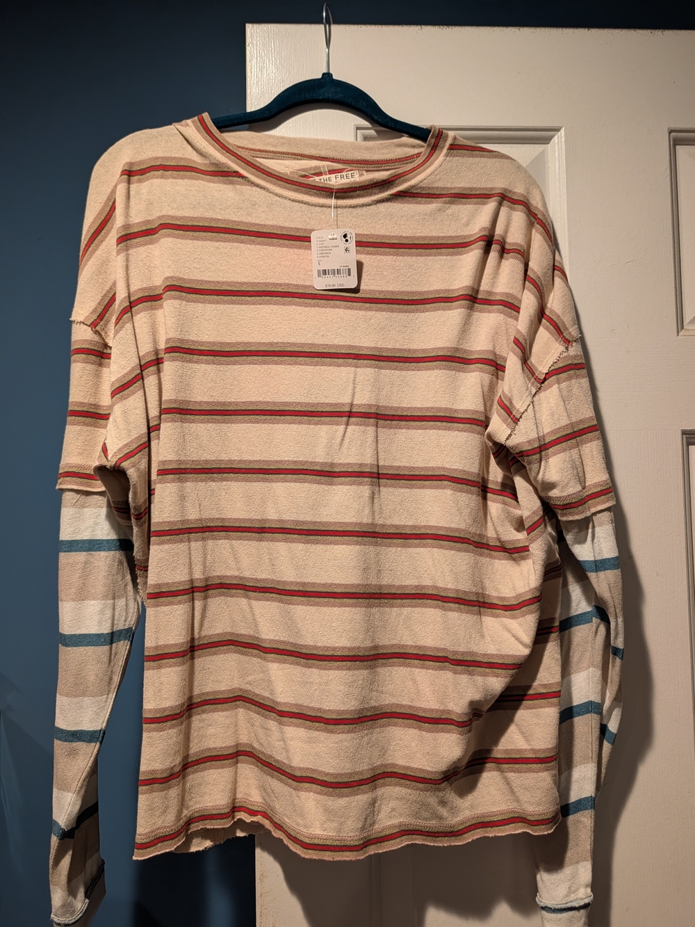 Free People Striped Crewneck Top in Cream, Red & Blue
